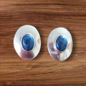 Vintage Sterling Silver Denim Blue Lapis Oval Stud Pierced Earrings Signed M
